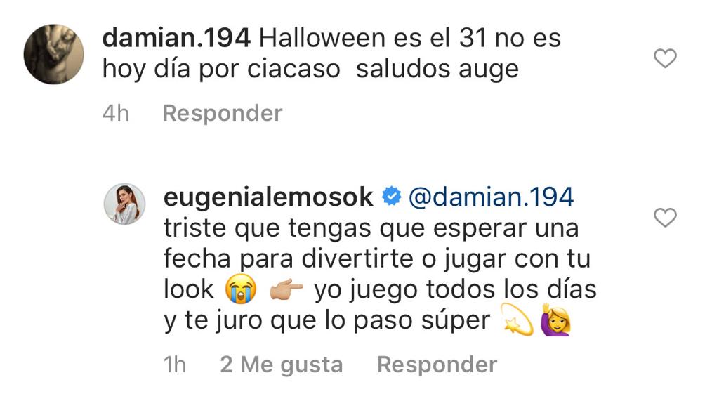 “Halloween es el 31”: Eugenia Lemos reacciona a broma por su look