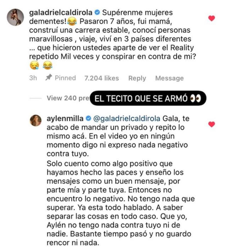 Aylén Milla muestra chat con Gala Caldirola para aclarar polémica