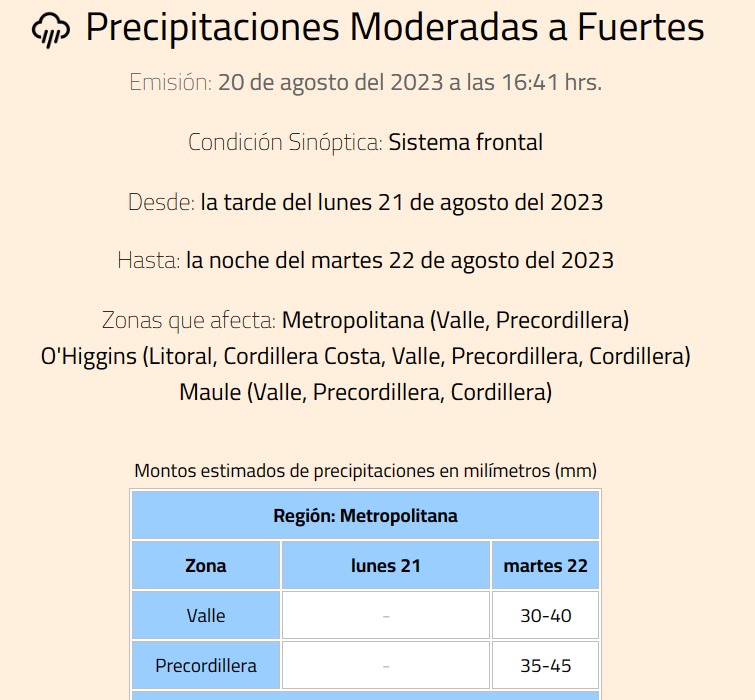  Pantallazo de alerta de Dirección Meteorológica de Chile 