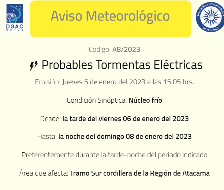 Aviso tormentas eléctricas de la Dirección Meteorológica de Chile