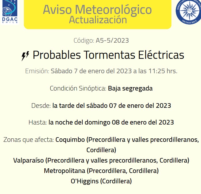 Aviso tormentas eléctricas de la Dirección Meteorológica de Chile