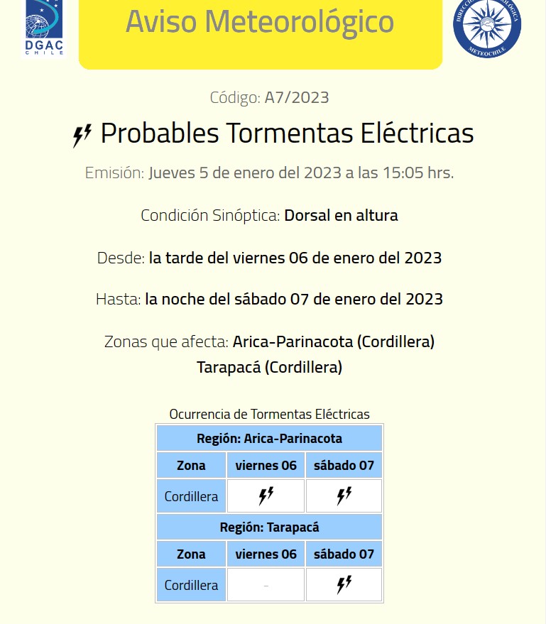 Aviso tormentas eléctricas de la Dirección Meteorológica de Chile