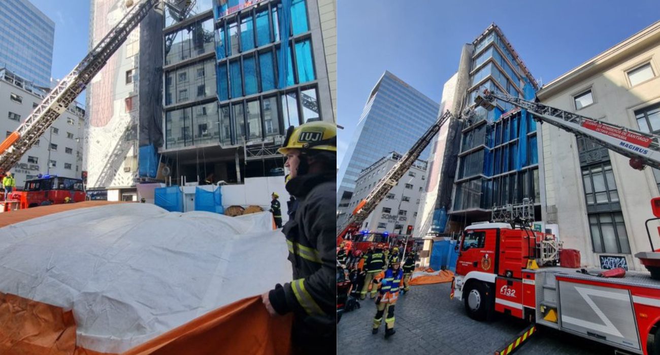 Trabajadores quedan colgando desde andamio de edificio del centro de Santiago