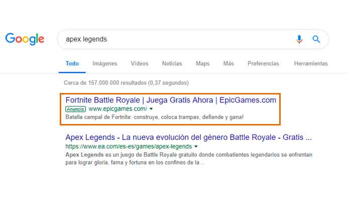 si abres tu navegador y buscas apex legends el primer resultado de la publicidad sera fortnite battle royale juega gratis ahora epicgames com - fortnite battle royale jugar gratis