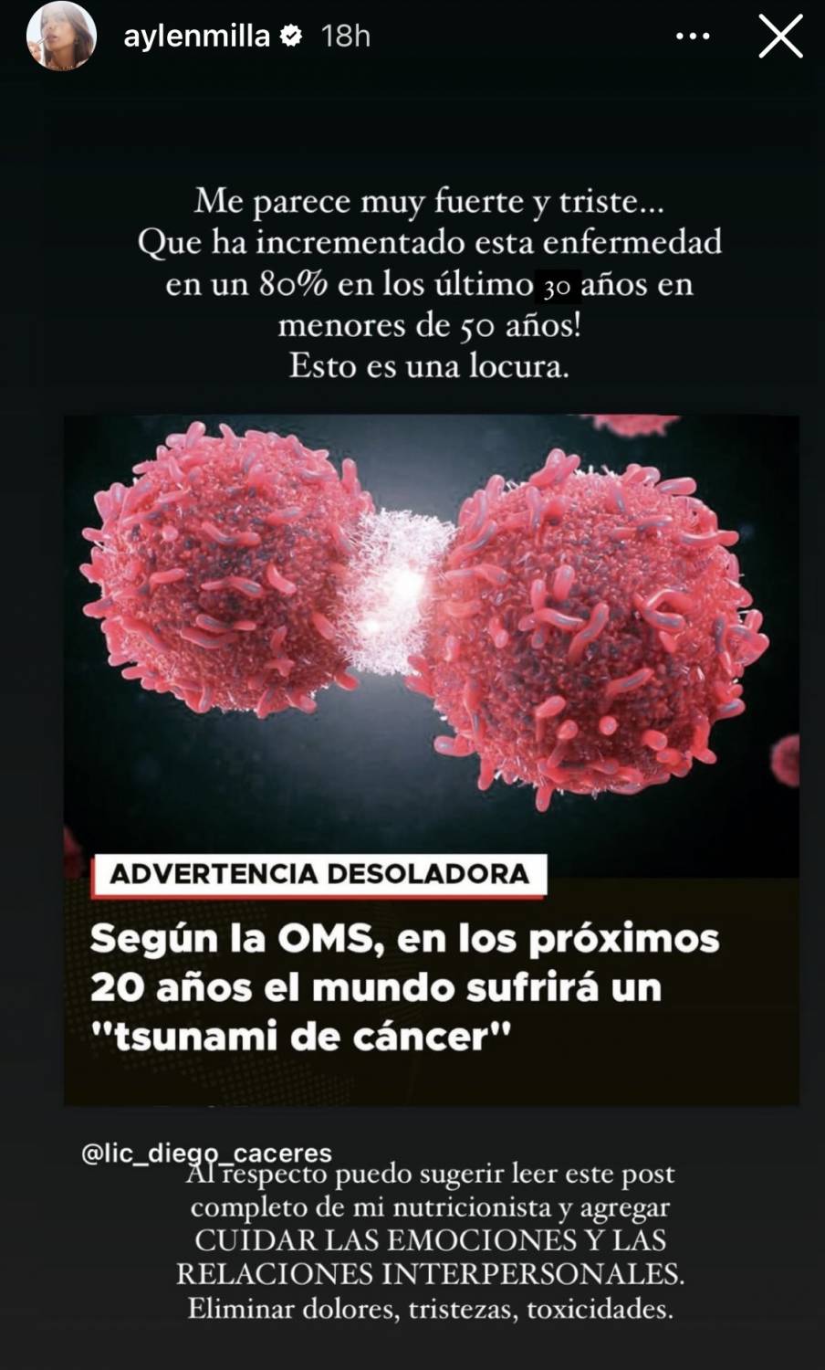 Aylén Milla se refiere a preocupante noticia sobre el cáncer