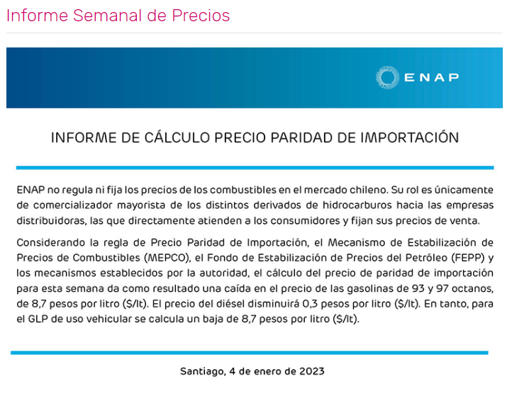 ENAP informó nueva caída en precio de todos los combustibles