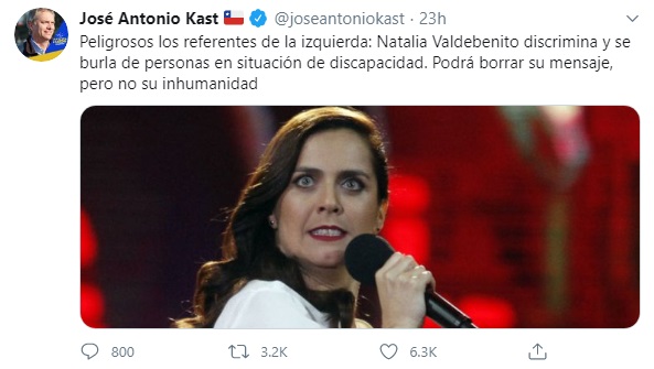 José Antonio Kast se lanza contra Pamela Jiles y Natalia Valdebenito