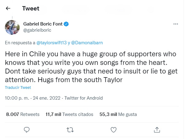 Gabriel Boric apoya a Taylor Swift tras polémica por sus canciones