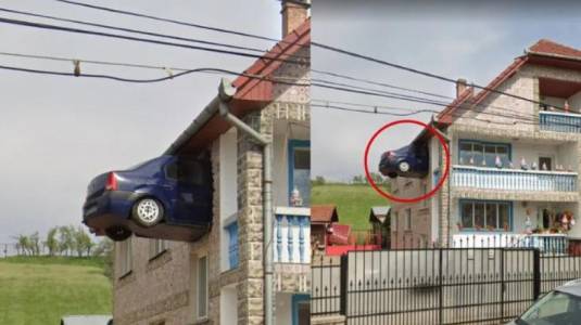 El auto volador: Google Maps capta a un auto estrellado en segundo piso de una casa  