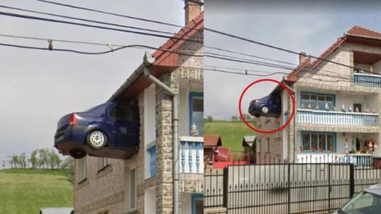 El auto volador: Google Maps capta a un auto estrellado en segundo piso de una casa